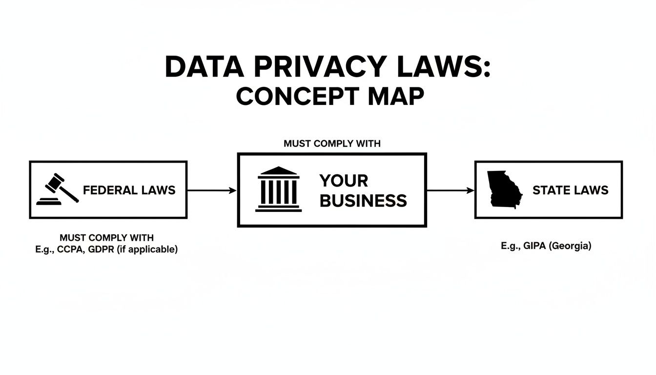 A concept map showing how federal laws, businesses, and state laws relate to data privacy compliance.