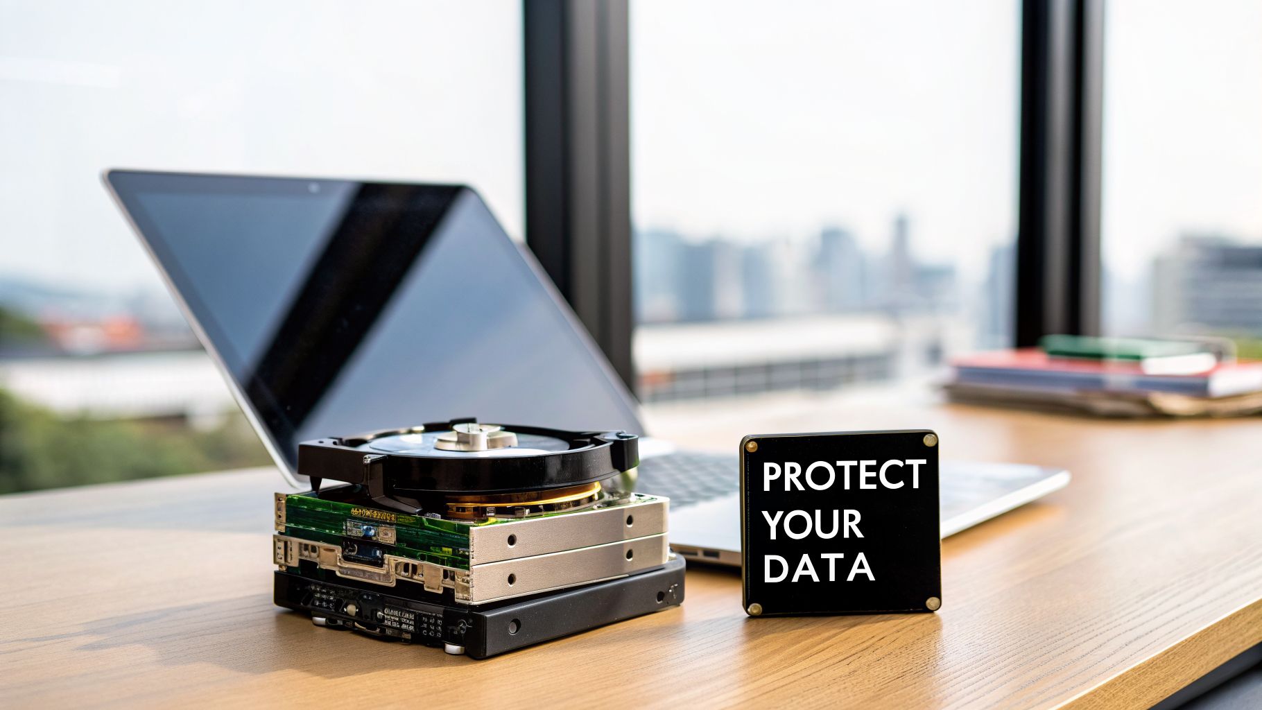 A desk with a laptop, exposed hard drives, and a sign saying 'PROTECT YOUR DATA' with a city background.