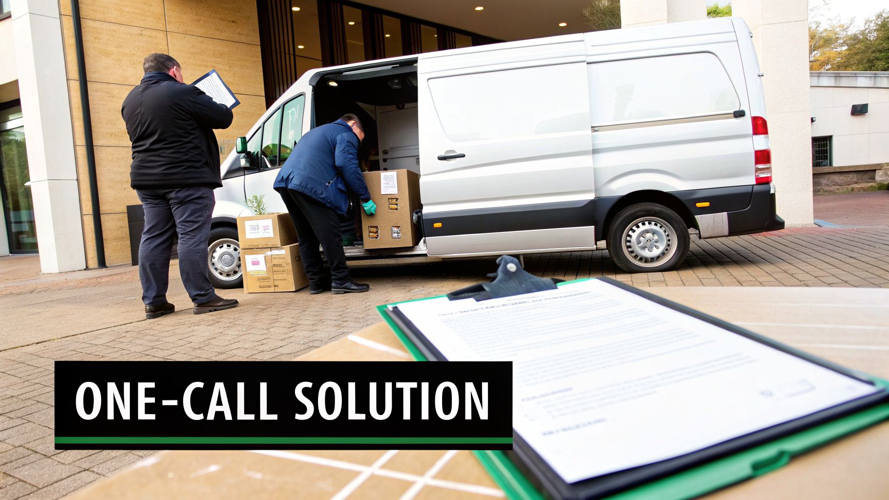Two men managing a delivery, one checking paperwork, another loading boxes into a white van.