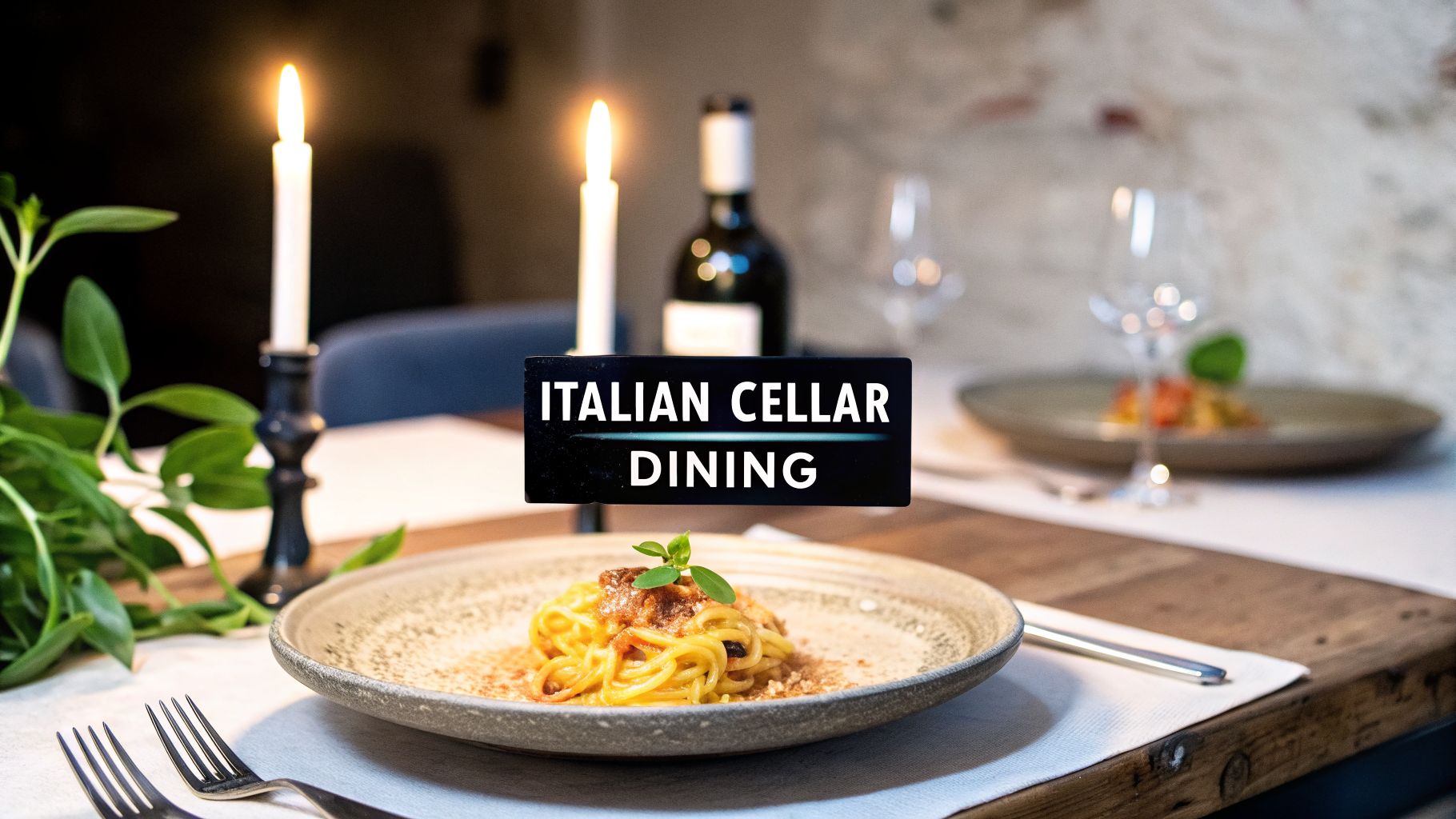 Delicious spaghetti on a rustic table with candles, wine, and a sign 'Italian Cellar Dining'.