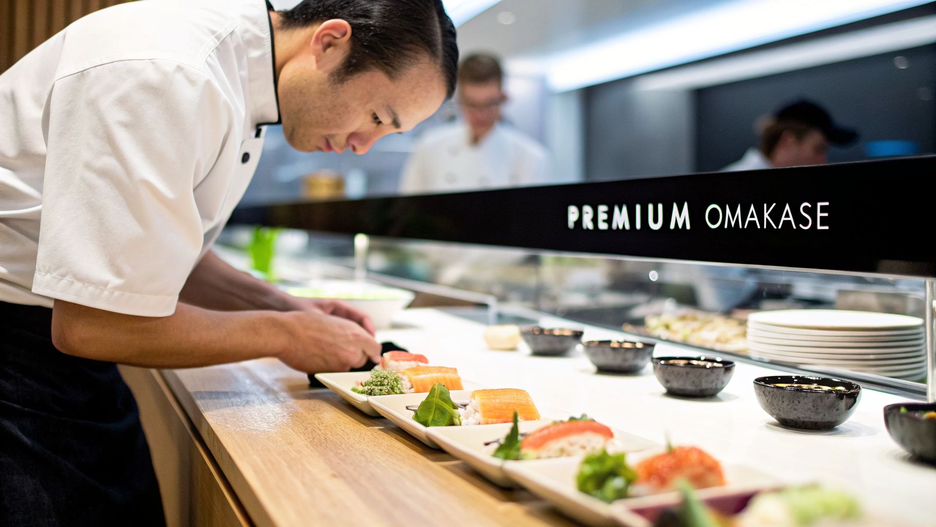 A chef carefully prepares a line of sushi plates under a 'PREMIUM OMAKASE' sign in a restaurant.