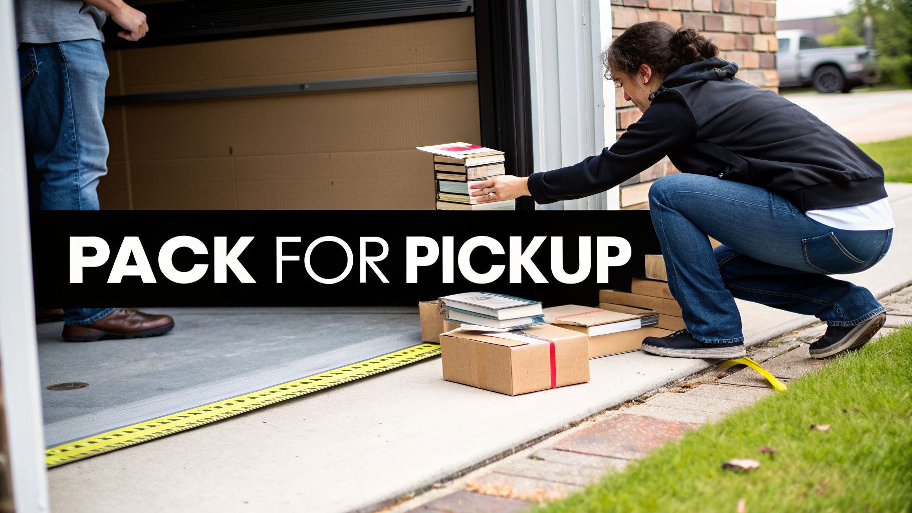 A person packing books into cardboard boxes by a garage entrance for pickup.