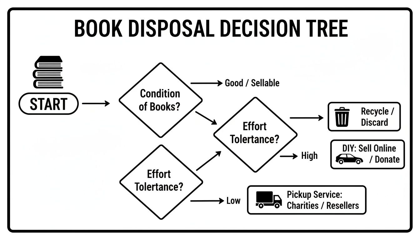 A decision tree flowchart guiding book disposal based on condition and effort tolerance, leading to recycling, selling, donating, or pickup services.