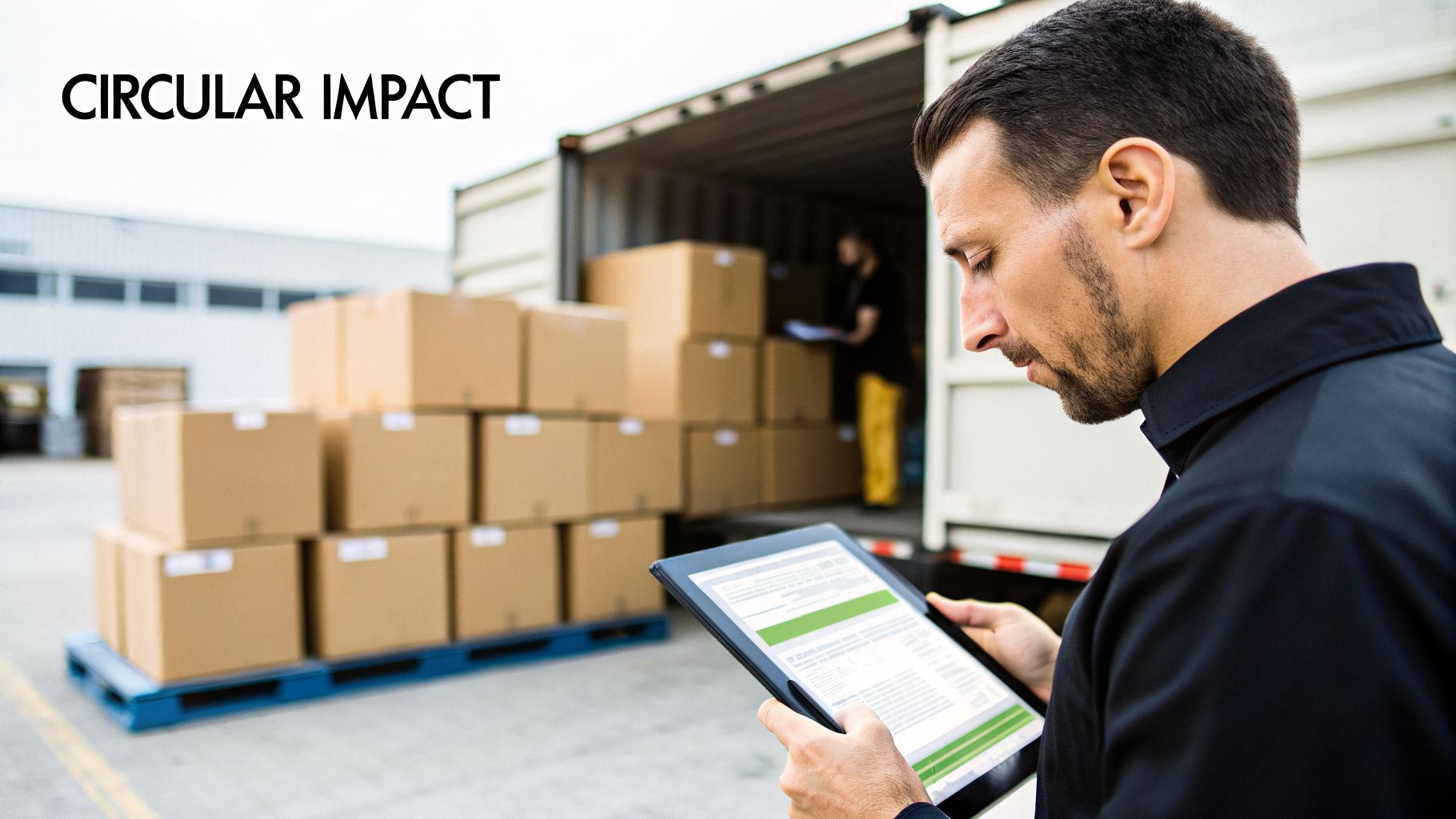A man uses a tablet to track boxes being loaded into a shipping container in a warehouse.