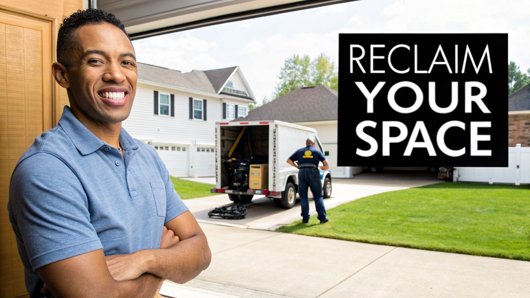 A smiling man in front of a home with a junk removal truck and "Reclaim Your Space" sign.