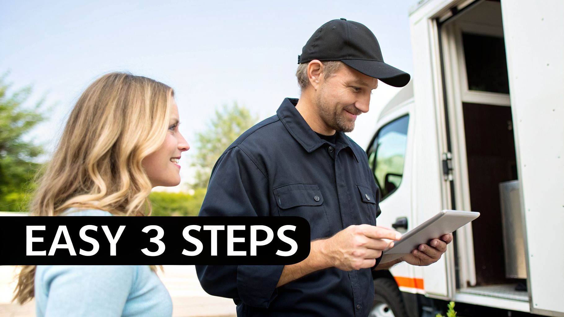 A service technician in a uniform showing a tablet to a smiling woman next to a white truck.
