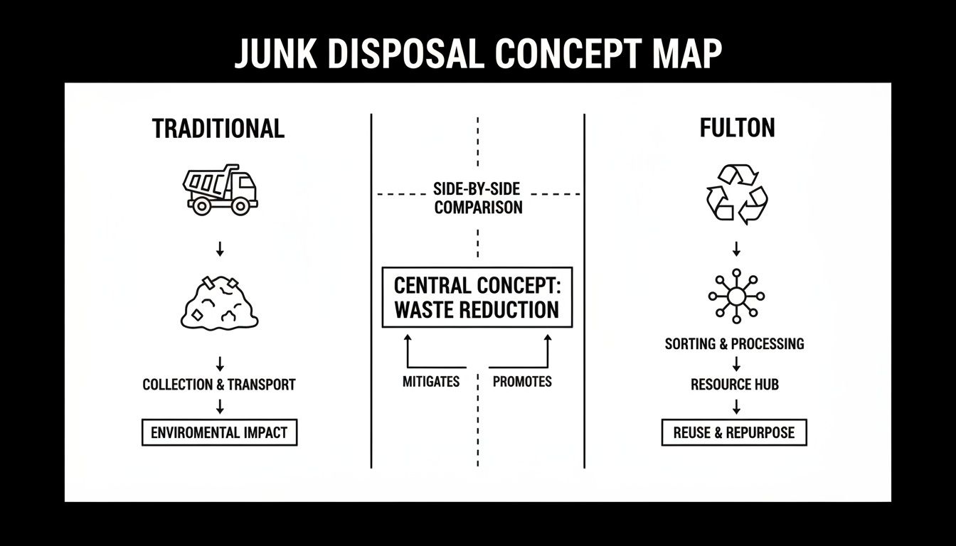A concept map comparing traditional junk disposal with Fulton's waste reduction, sorting, and repurposing methods.