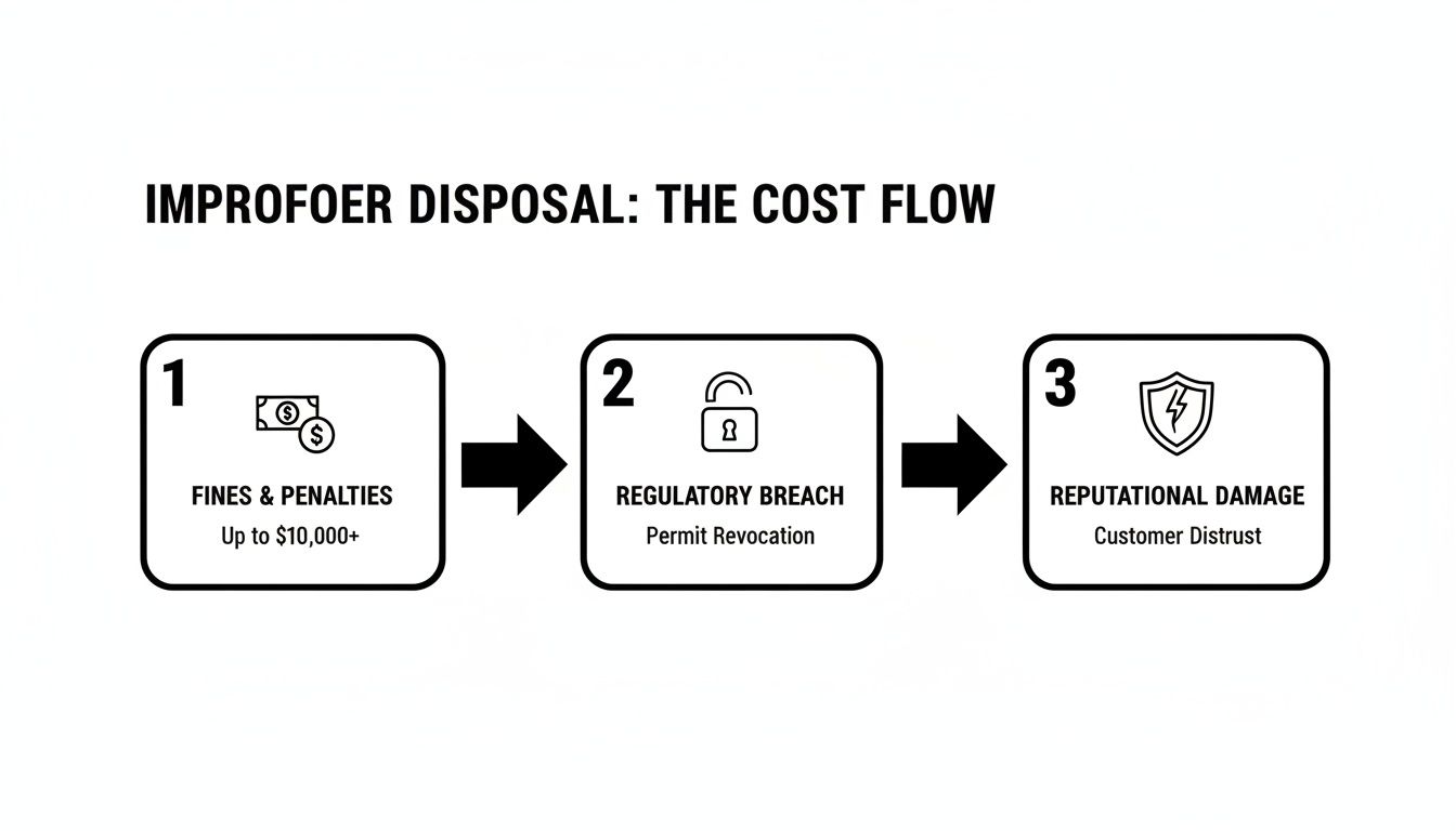 Flowchart showing the cost flow of improper disposal, including fines, regulatory breach, and reputational damage.