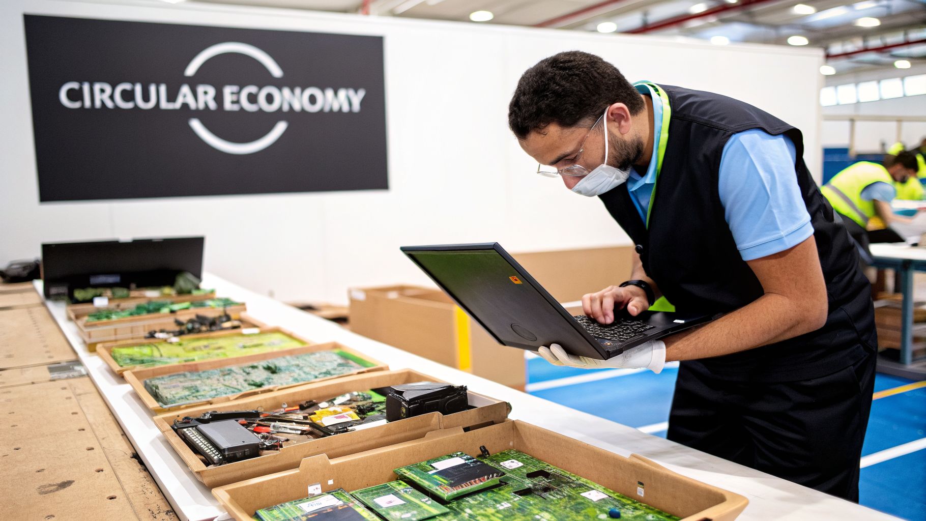 Man with a mask and gloves inspecting electronics at a circular economy recycling facility.