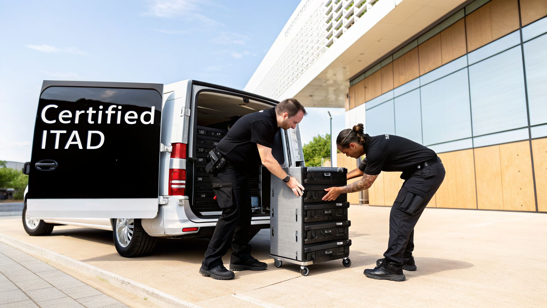 Two uniformed men load secure ITAD containers from a certified van, showcasing IT disposal service.