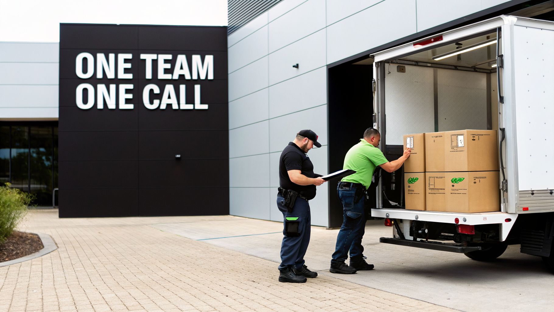 Two men handle cardboard boxes at the back of a delivery truck, one checking a clipboard.