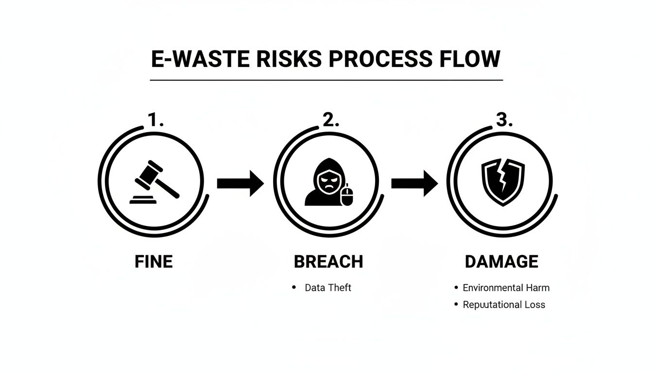 Process flow illustrating e-waste risks from fines and data theft breaches to environmental harm and reputational damage.