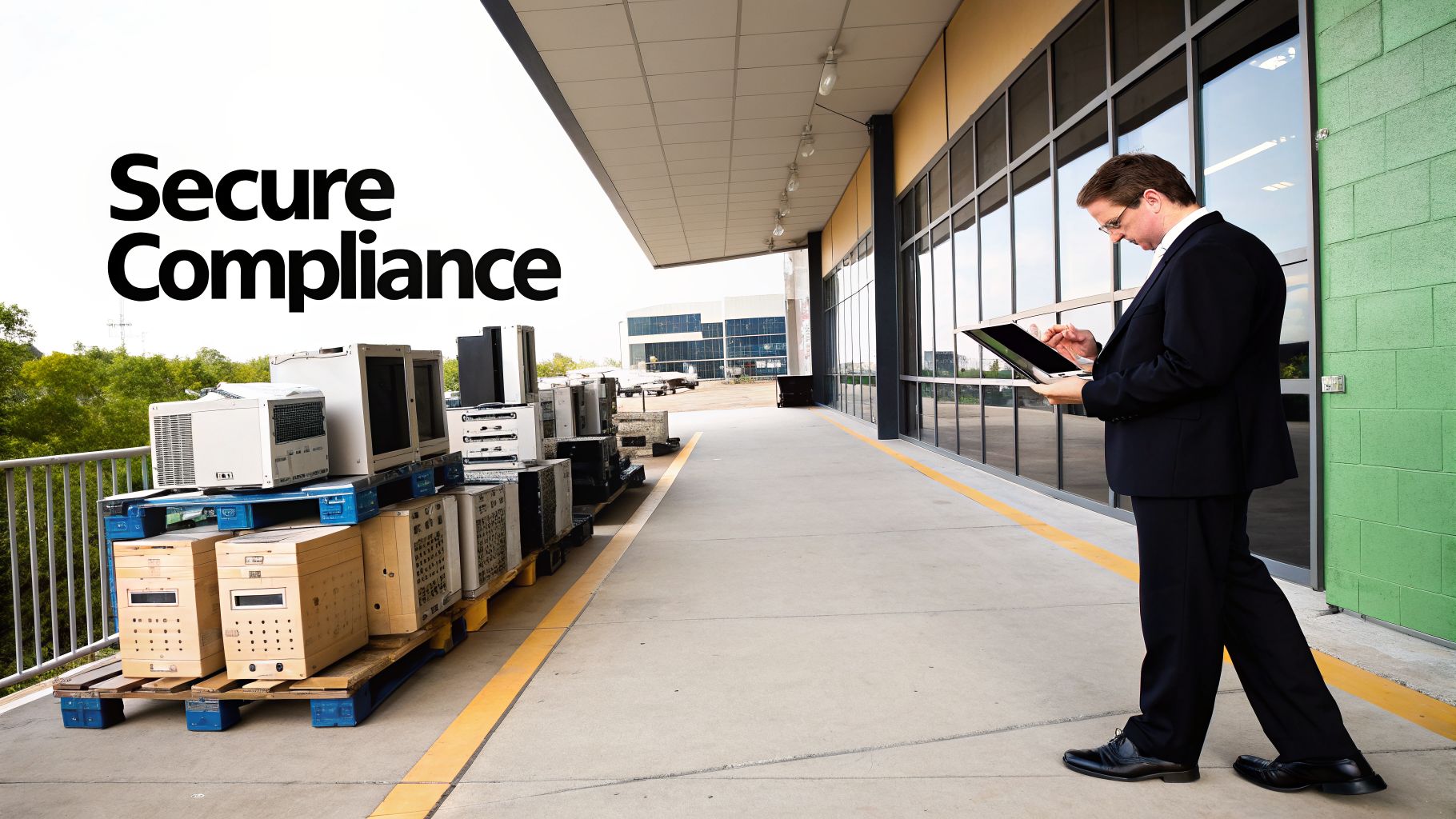 A businessman uses a tablet near stacks of old electronic equipment for secure recycling.