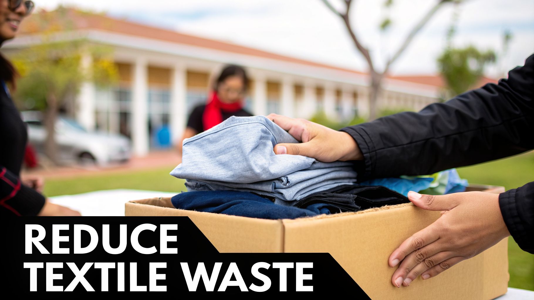 Hands place folded clothes into a cardboard box for donation, promoting reduced textile waste.
