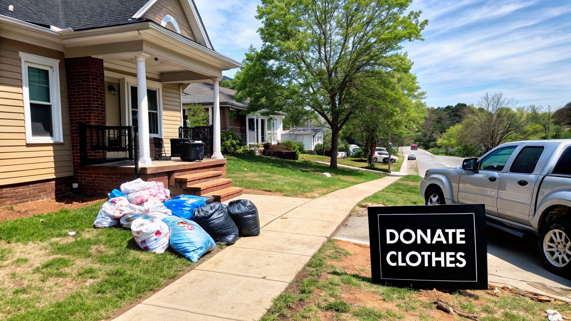 Bags of donated clothes on a residential lawn with a 'DONATE CLOTHES' sign and a truck.