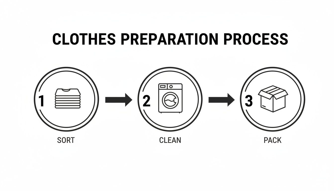 An infographic showing a three-step clothes preparation process: sort, clean, and pack.