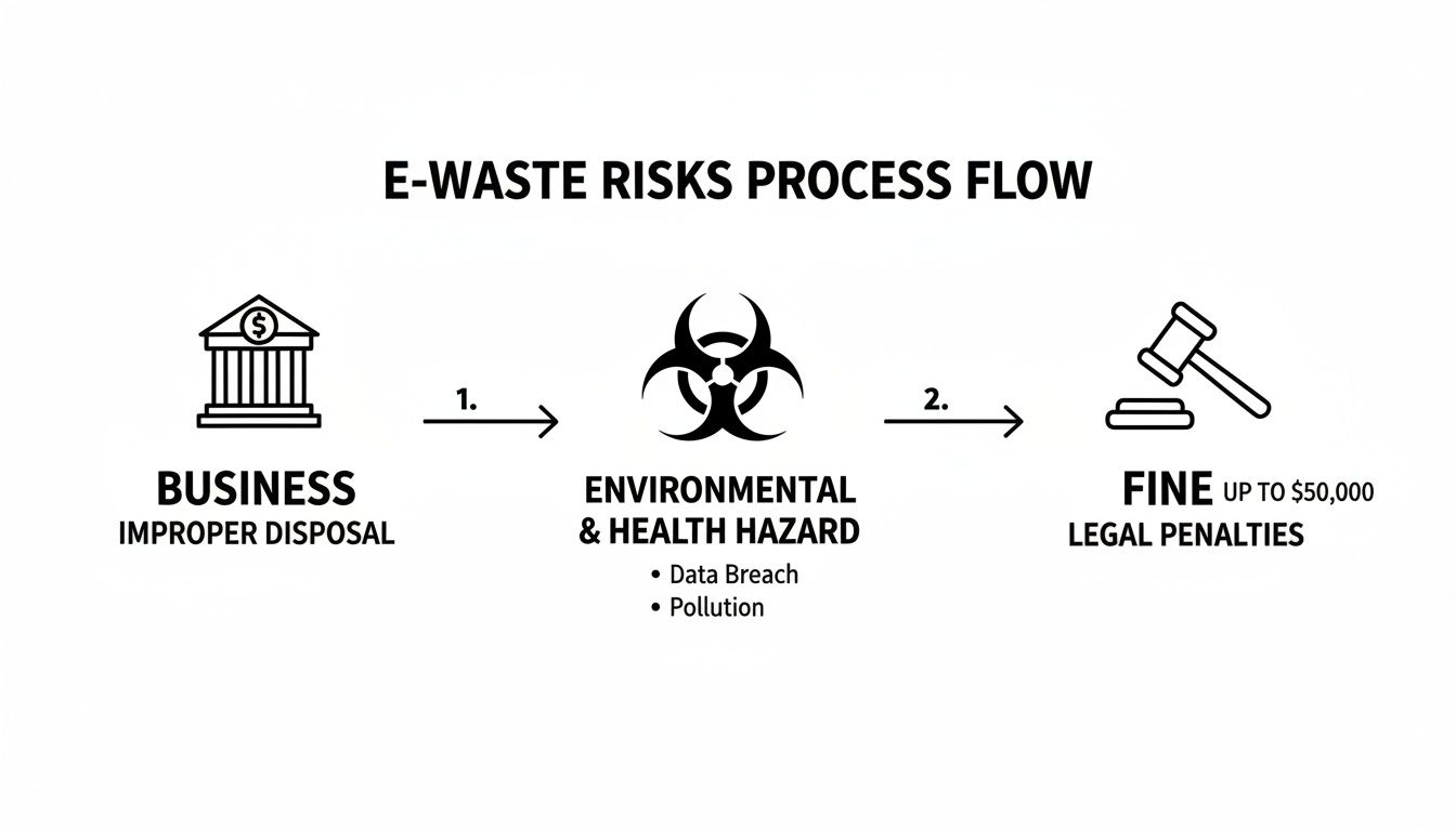 A diagram illustrates the E-waste risks process flow, from improper business disposal to environmental hazards and legal penalties.