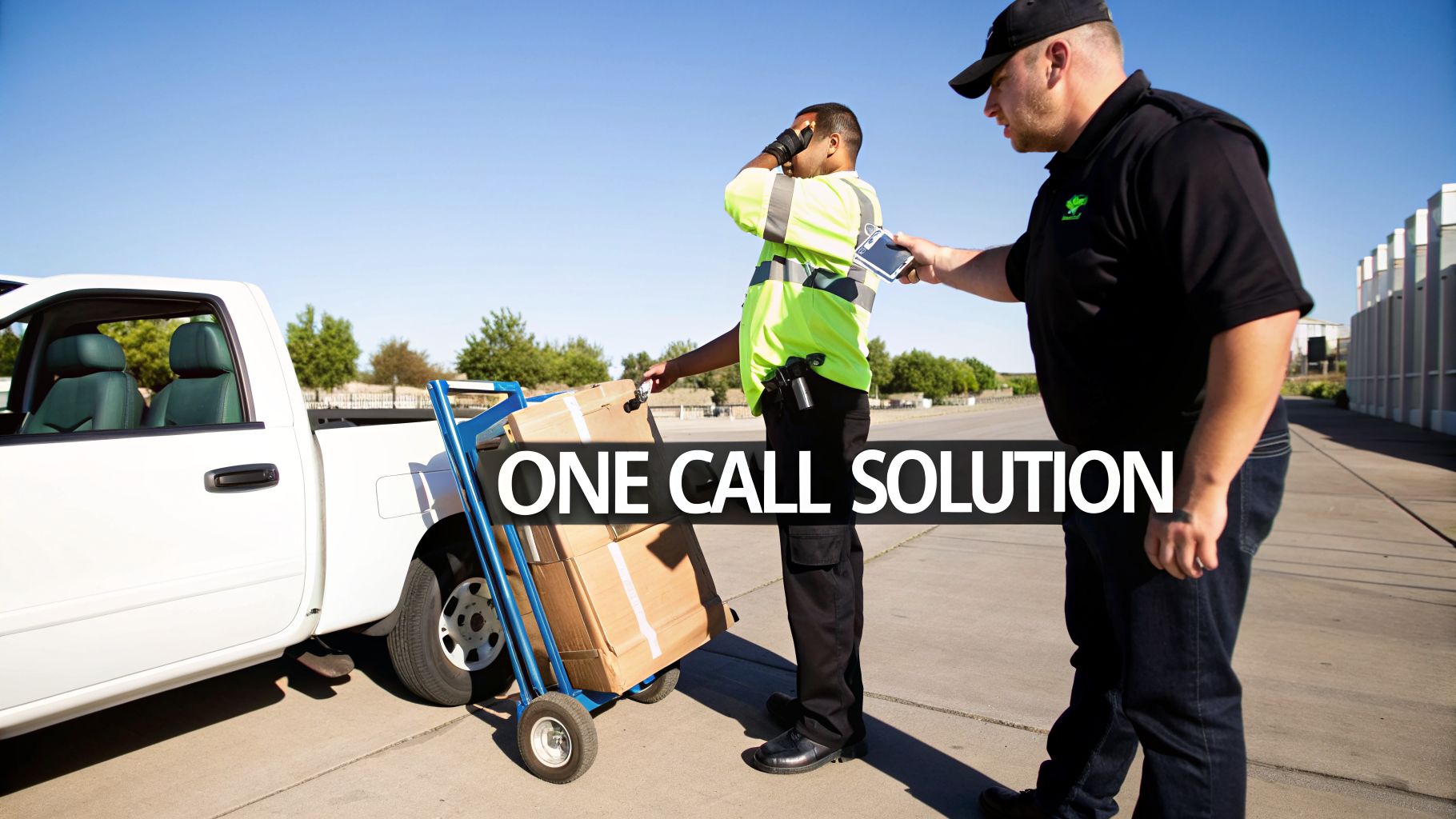 Two delivery workers handling packages next to a white pickup truck on a sunny day.