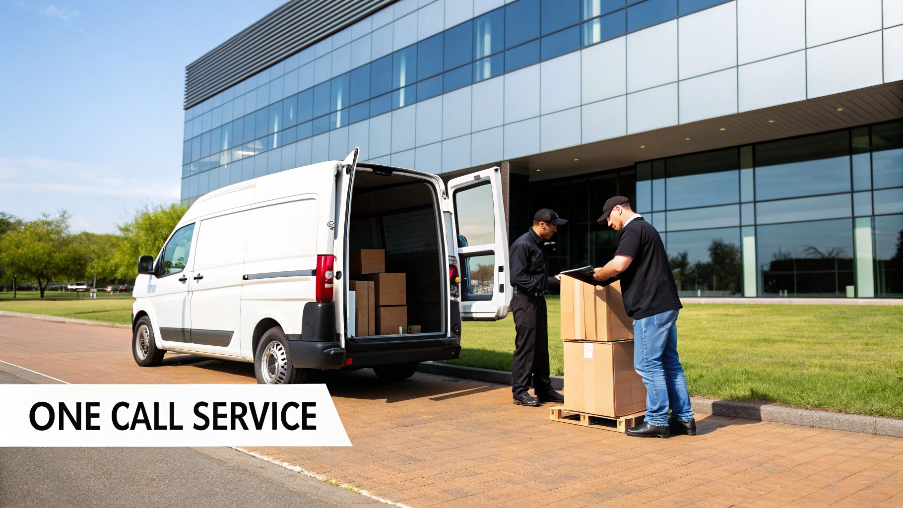 Two delivery men unload packages from a white van in front of a modern office building.