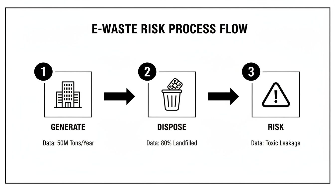 Flowchart illustrating the E-waste Risk Process Flow: generate, dispose, and resulting risk.