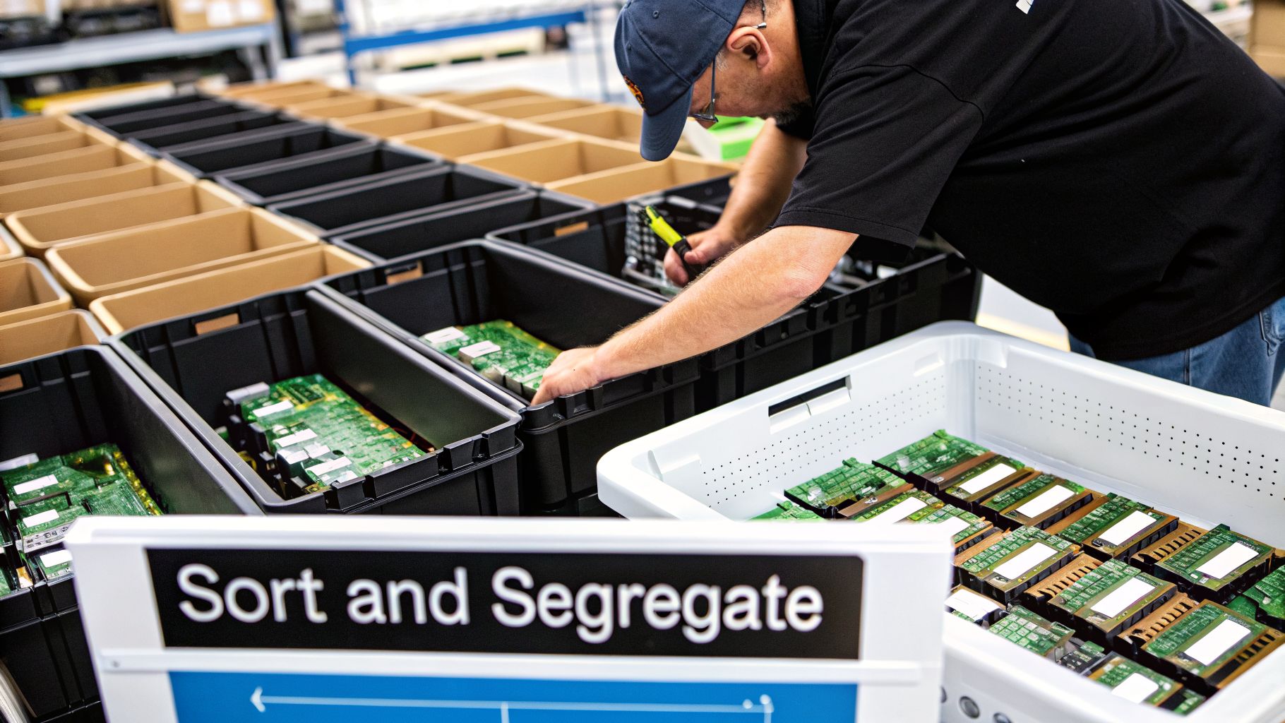 A worker sorts green circuit boards and computer parts into black bins in a factory.