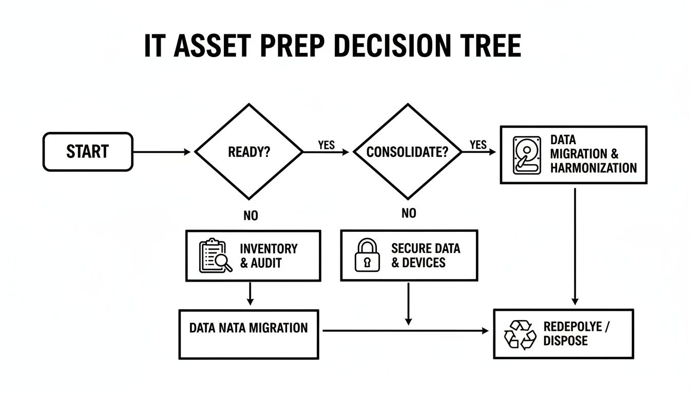 Flowchart detailing IT asset preparation for redeployment or disposal, including data migration, security, and inventory.
