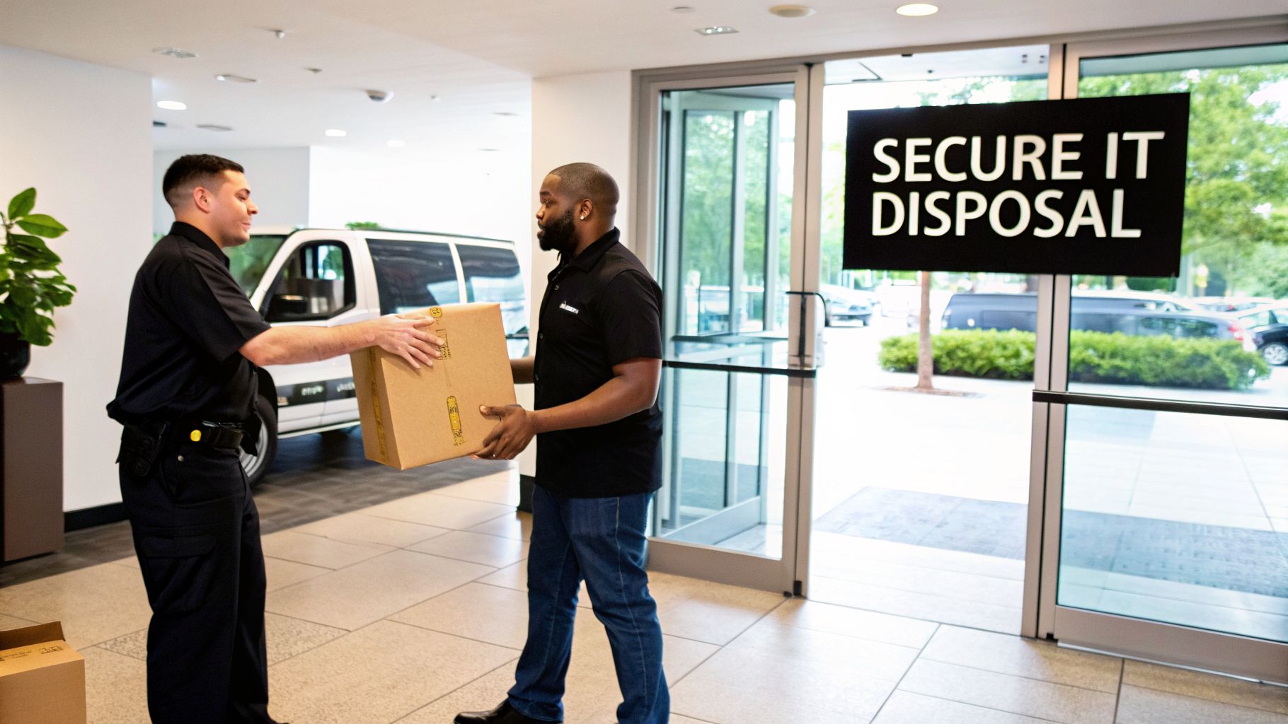 Two uniformed men handle a cardboard box for secure IT equipment disposal services.