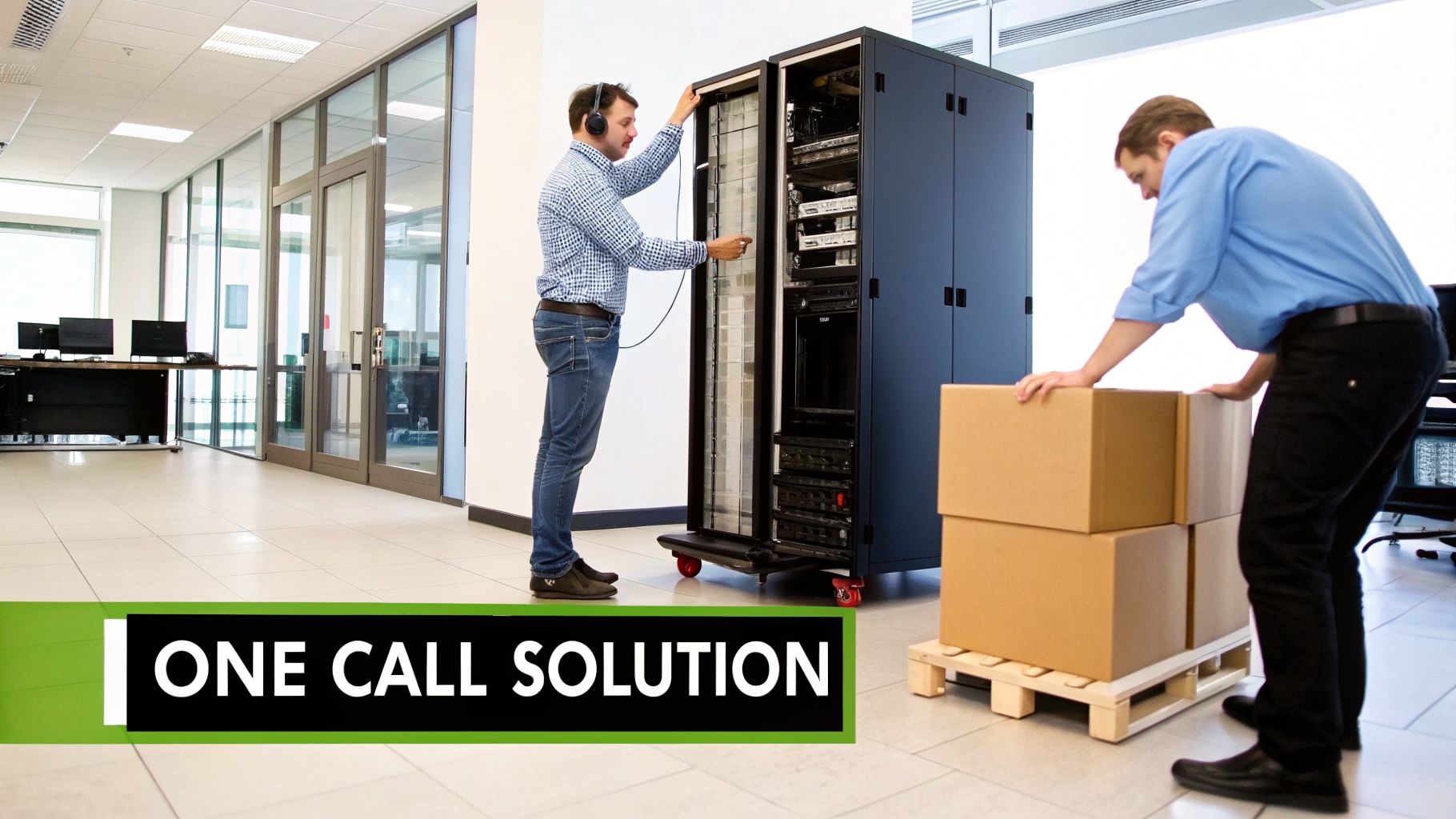 Two technicians handle IT equipment in an office: one services a server rack, another moves boxes on a pallet.