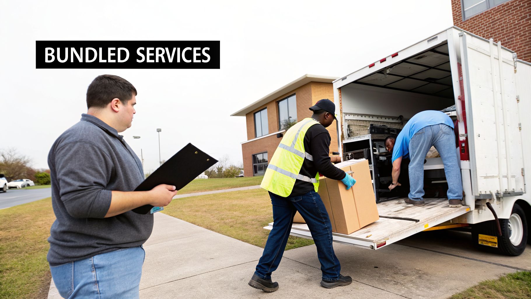 Three men providing bundled services, loading boxes and items into a white moving truck.
