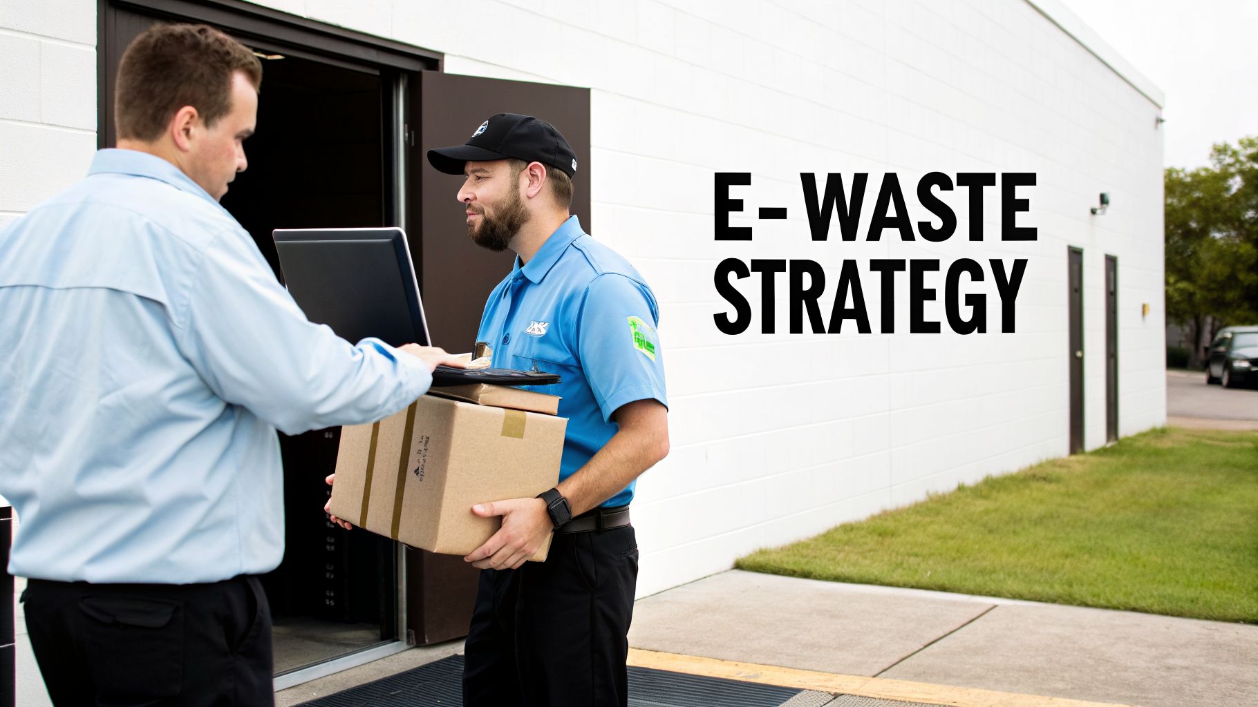 Two men, one a delivery person, exchange packages and use a laptop, highlighting an e-waste strategy.