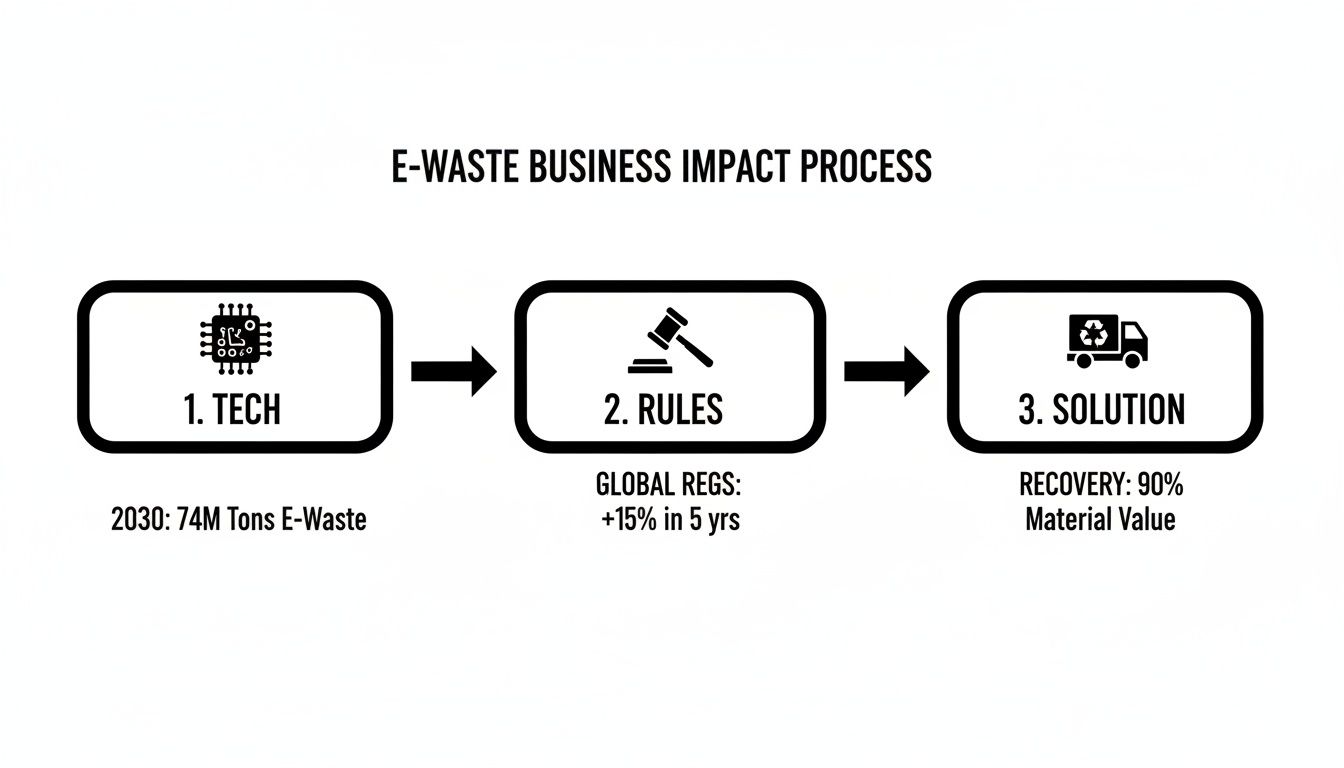 Flowchart illustrating the E-waste business impact process, from tech to rules and solution.