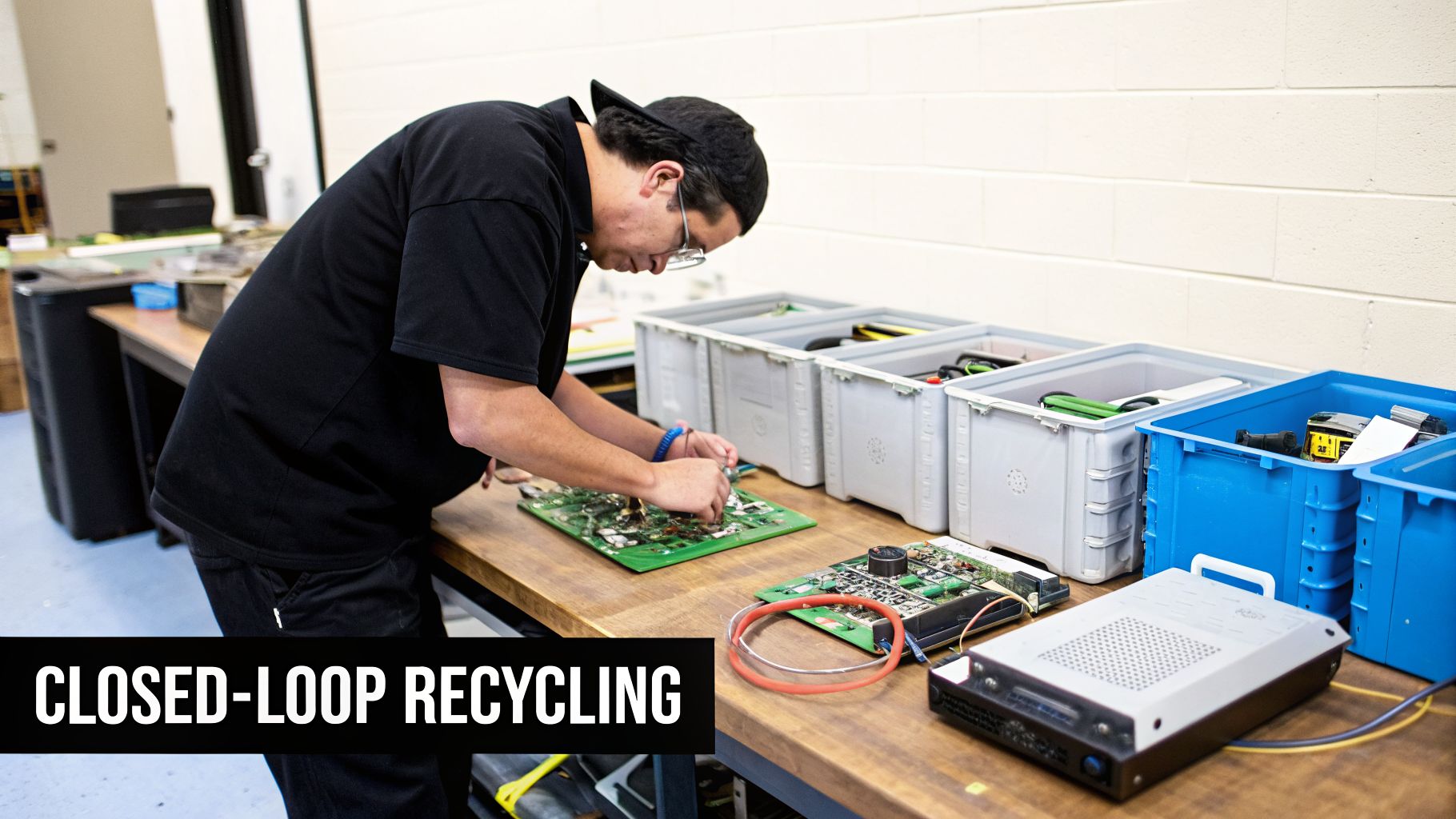A person in glasses meticulously works on circuit boards on a wooden table, surrounded by bins of e-waste.