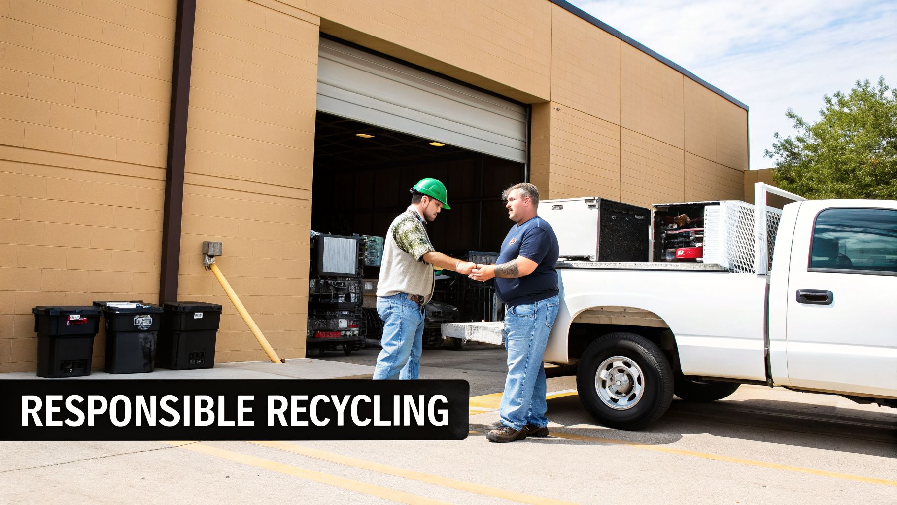 Two men shake hands, one in a hard hat, at a recycling facility with a pickup truck. 'Responsible Recycling' text.