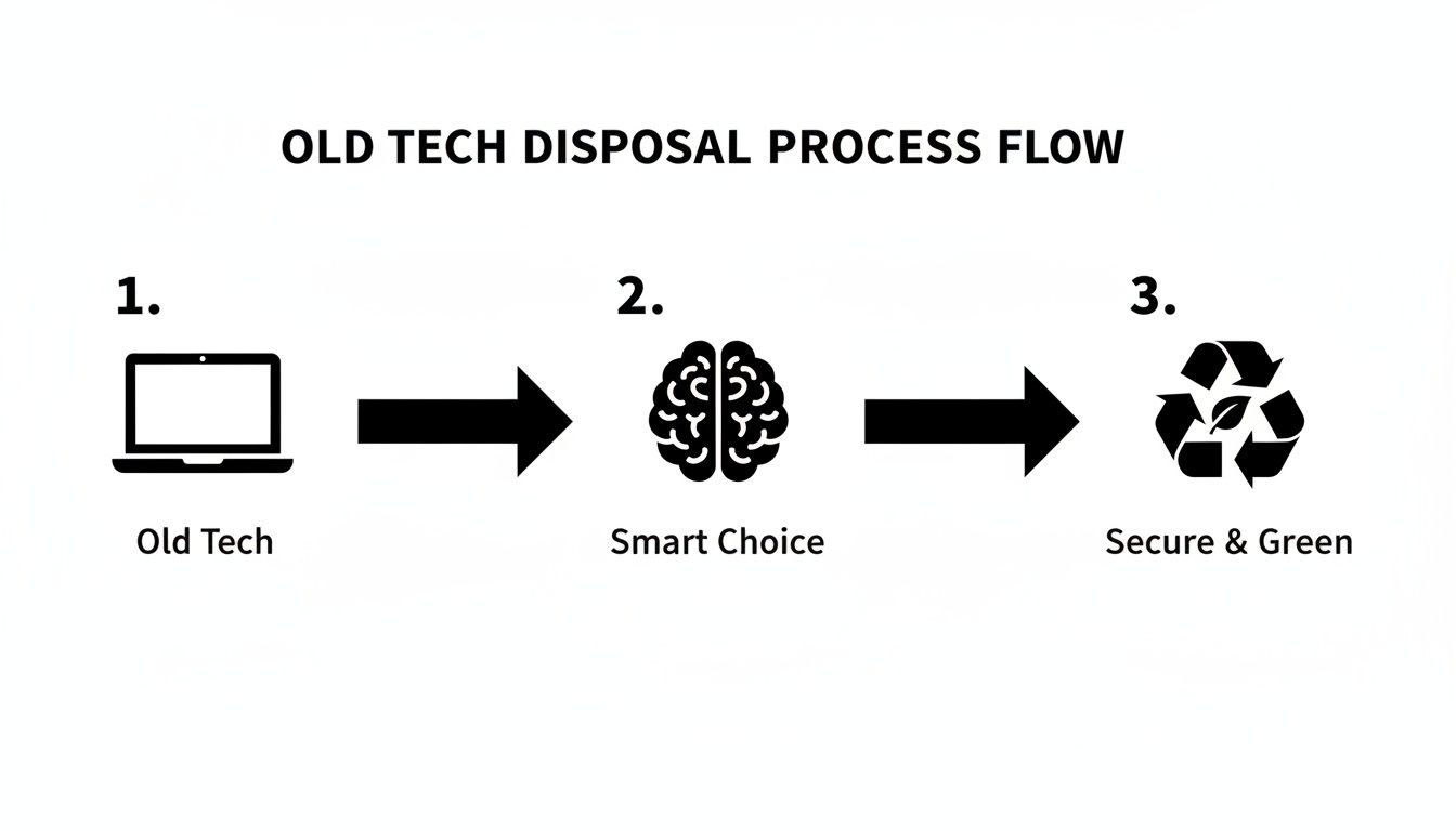 A flow chart illustrating the old tech disposal process: Old Tech leads to Smart Choice, then to Secure & Green recycling.