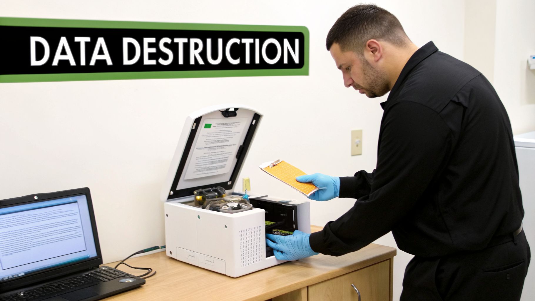 A man in blue gloves loads a hard drive into a data destruction machine next to a laptop.
