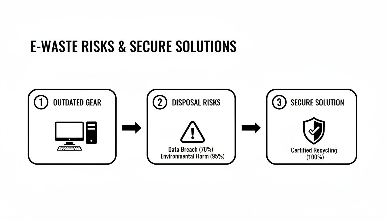 Diagram illustrating e-waste risks from outdated electronics and the secure solution of certified recycling.