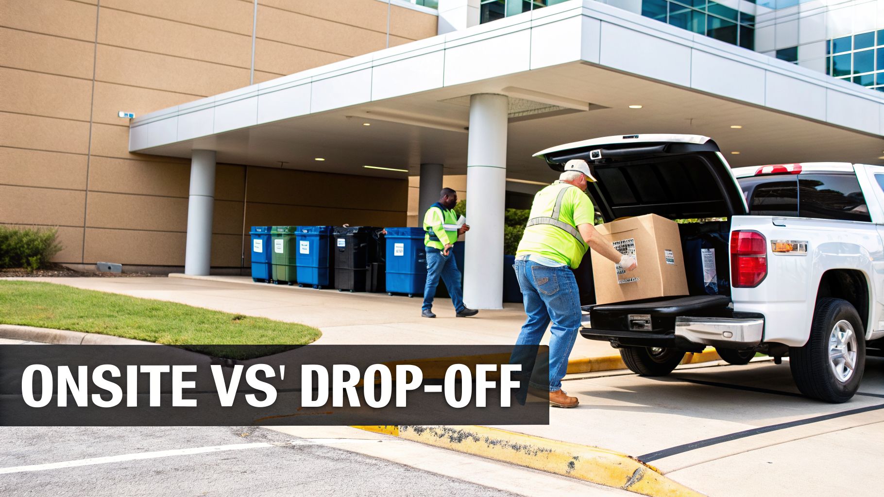 Two men in safety vests loading a large box into a pickup truck near recycling bins outside a building.