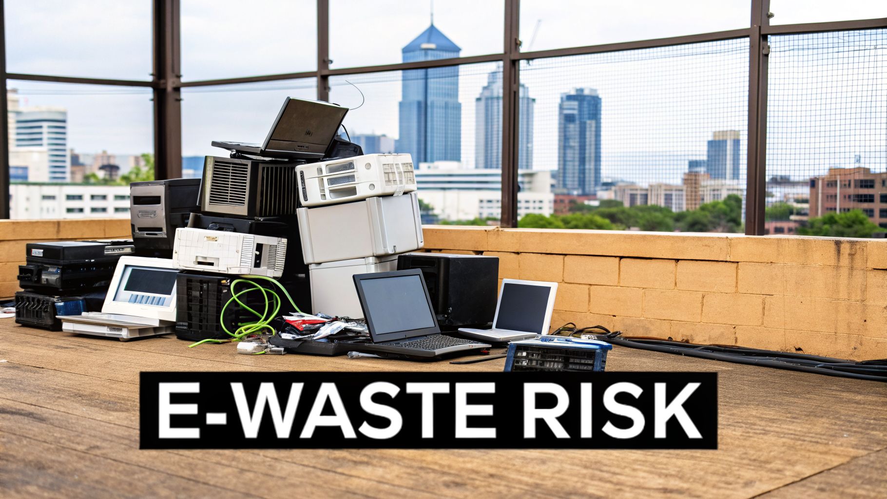 Discarded electronic waste, including old computers and laptops, piled on a rooftop with a city view.