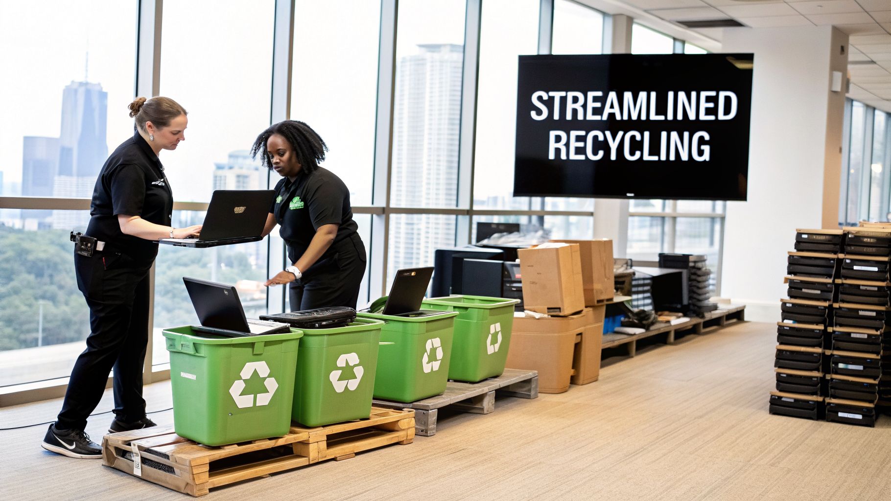 Two women streamline electronics recycling, placing laptops into green bins in a modern office.