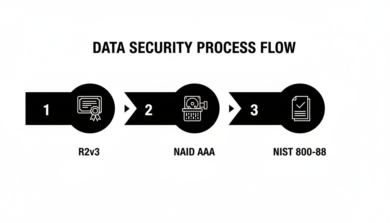 Data security process flow diagram outlining R2v3, NAID AAA, and NIST 800-88 steps.