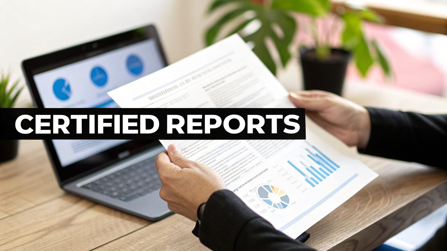 A person holds and reviews certified reports with charts and graphs, with a laptop in the background.