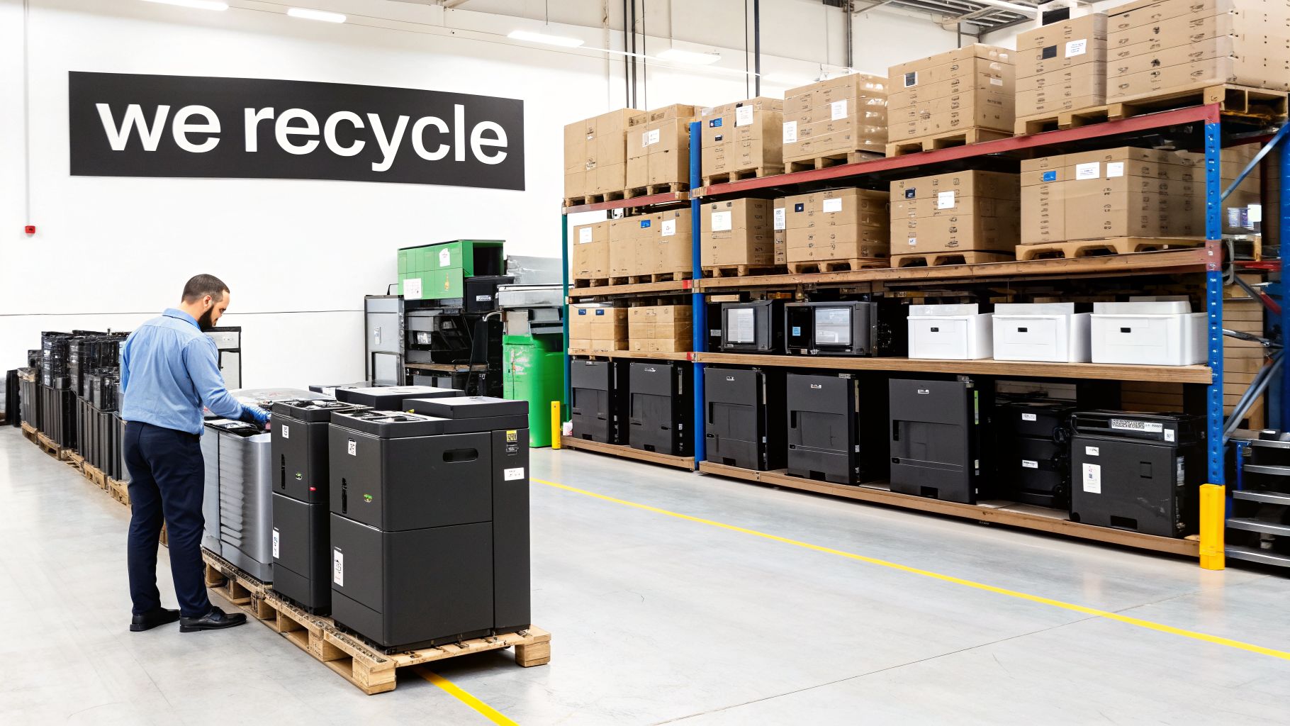 A man sorts electronics on pallets in a large warehouse under a 'we recycle' sign.