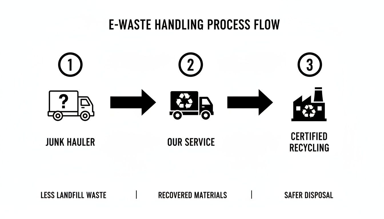 A diagram illustrates the e-waste handling process flow from junk hauler to certified recycling.
