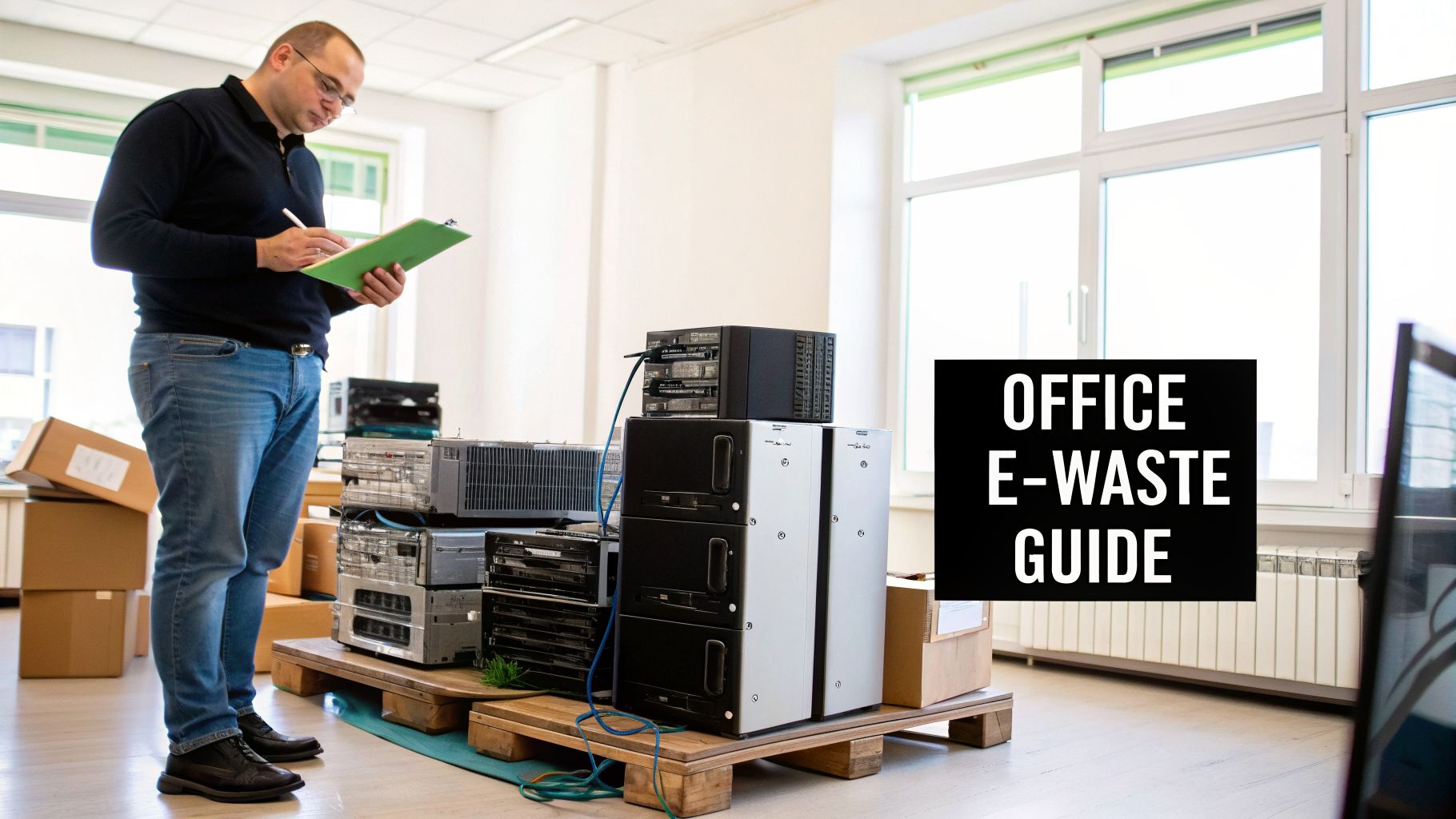 A man documents office e-waste on a clipboard, surrounded by old electronics for recycling.