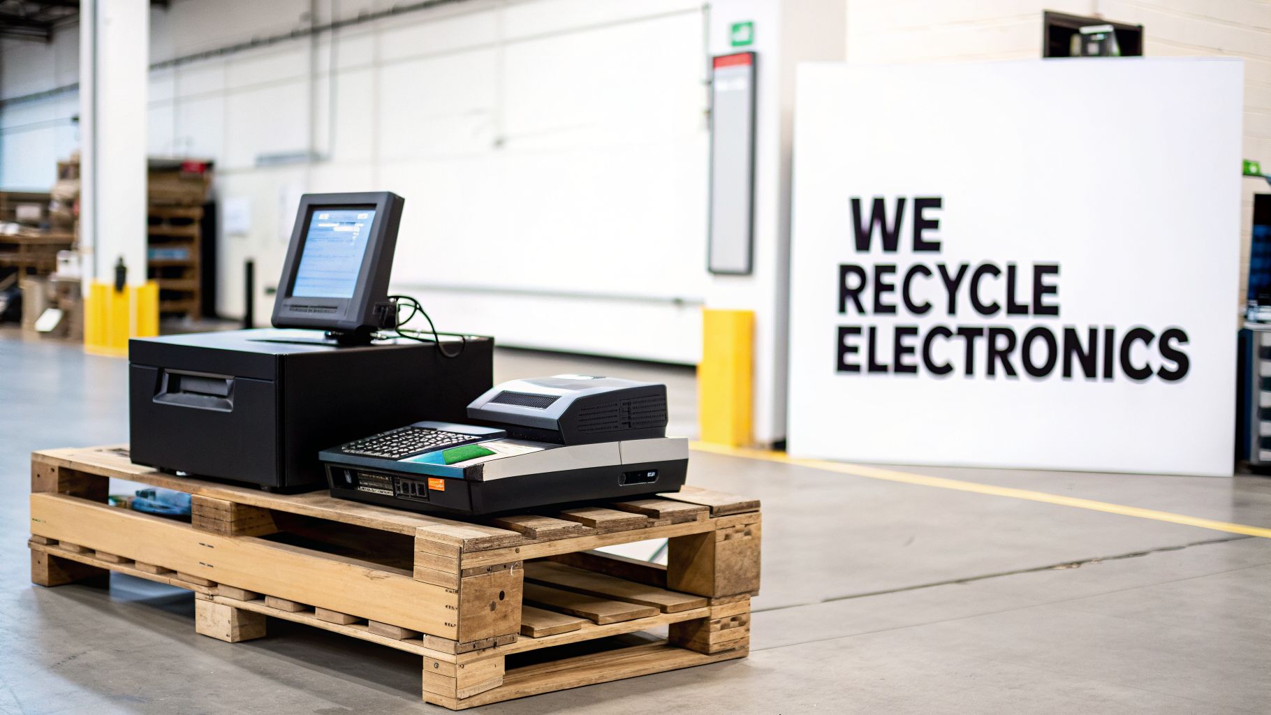 Various electronics on a wooden pallet, with a sign in the background stating 'WE RECYCLE ELECTRONICS'.