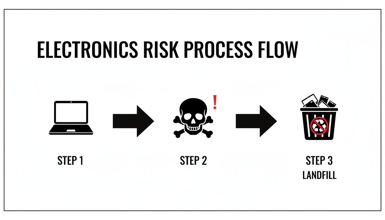 A flowchart illustrating the electronics risk process, showing a laptop leading to a hazard and then to a landfill.
