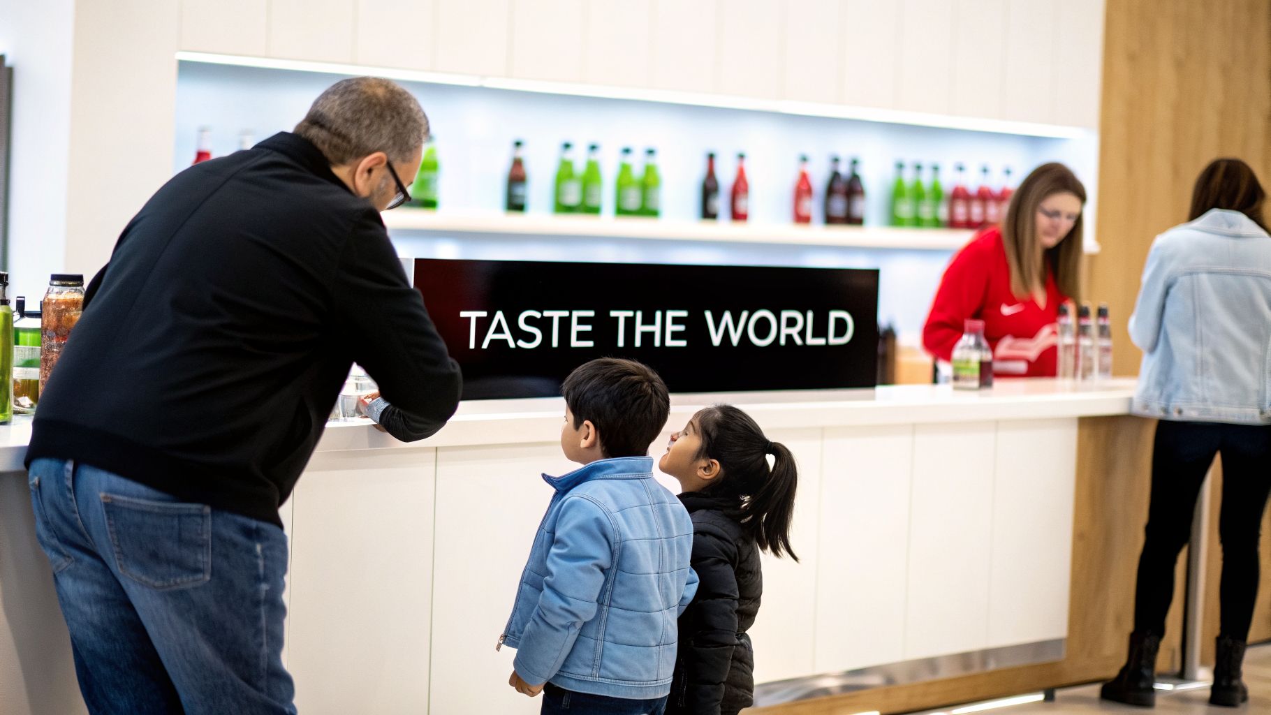 Father and children tasting drinks at an interactive 'Taste the World' exhibit.