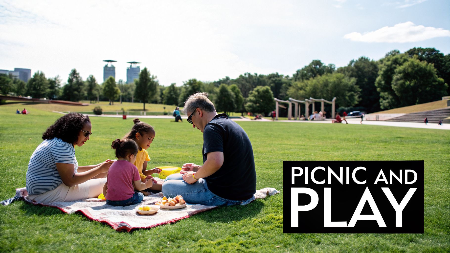 A family with two adults and two young children having a picnic in a sunny park.