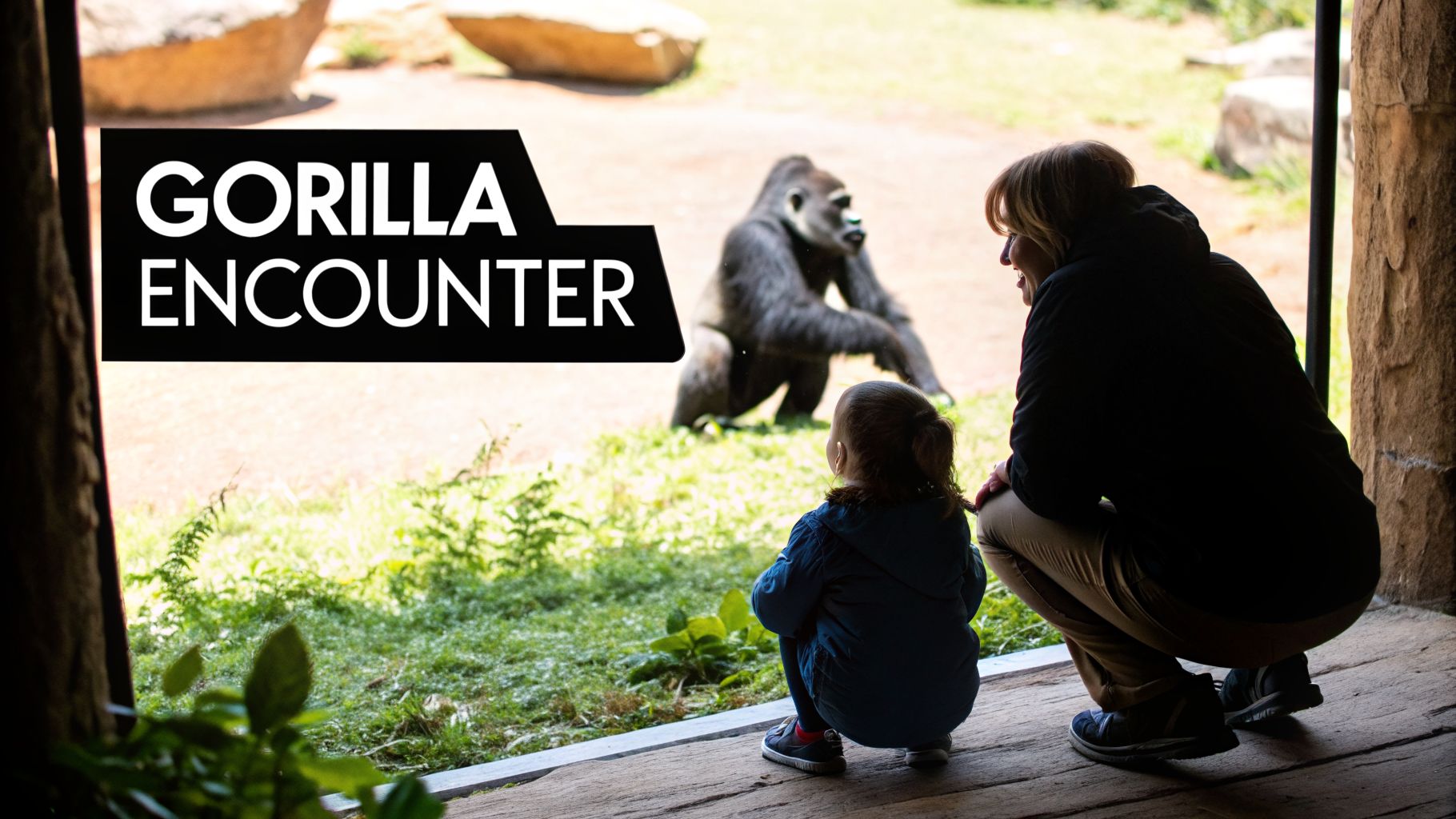 A mother and child crouch, watching a large gorilla in its enclosure at a zoo, labeled "Gorilla Encounter."