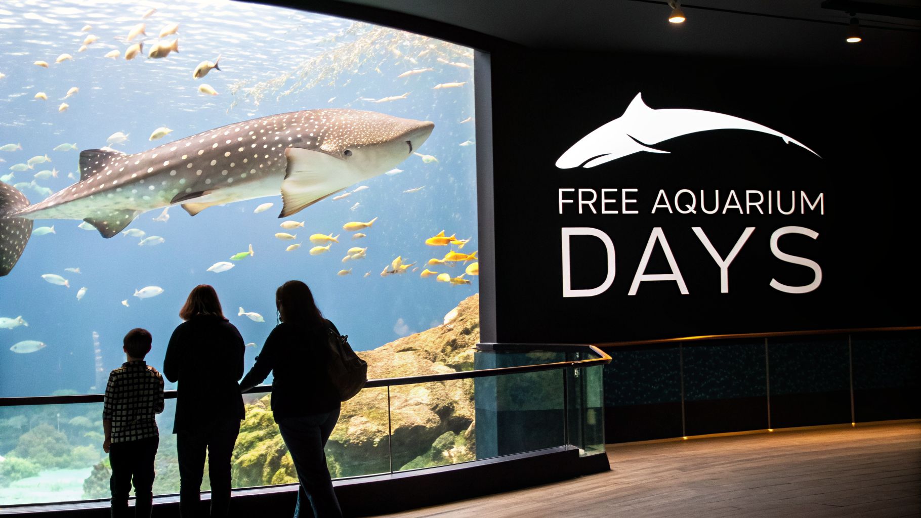People watch a whale shark and fish in a giant aquarium tank with a 'FREE AQUARIUM DAYS' sign.